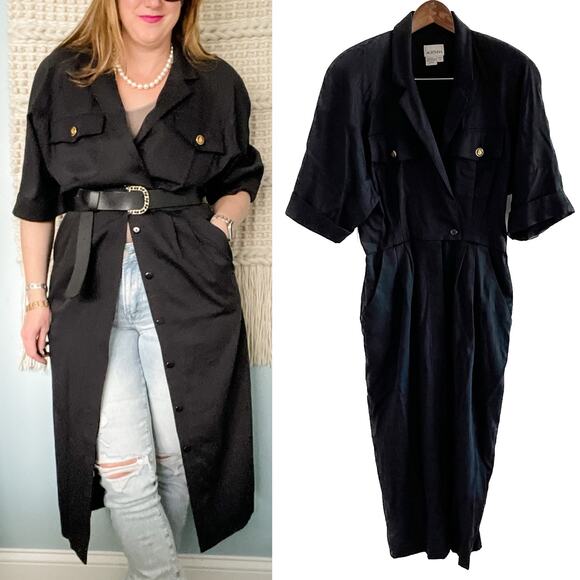 Vintage military safari button front pleated waist dress/tunic top size 10/M - Picture 1 of 10